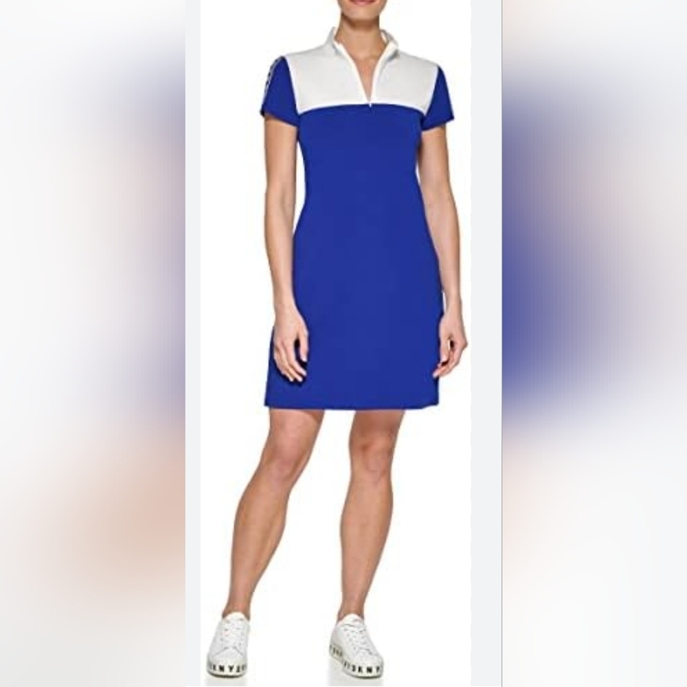 DKNY Blue and White Short Sleeve Dress Size M